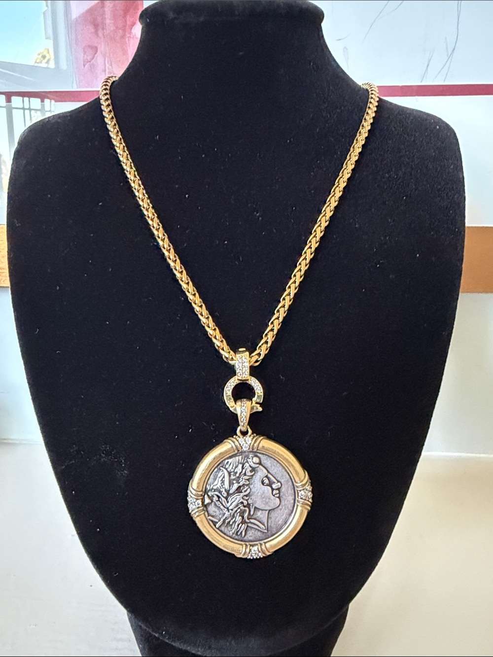 Gold-Tone Pendant Necklace with Antique Coin Medallion - Women Jewelry